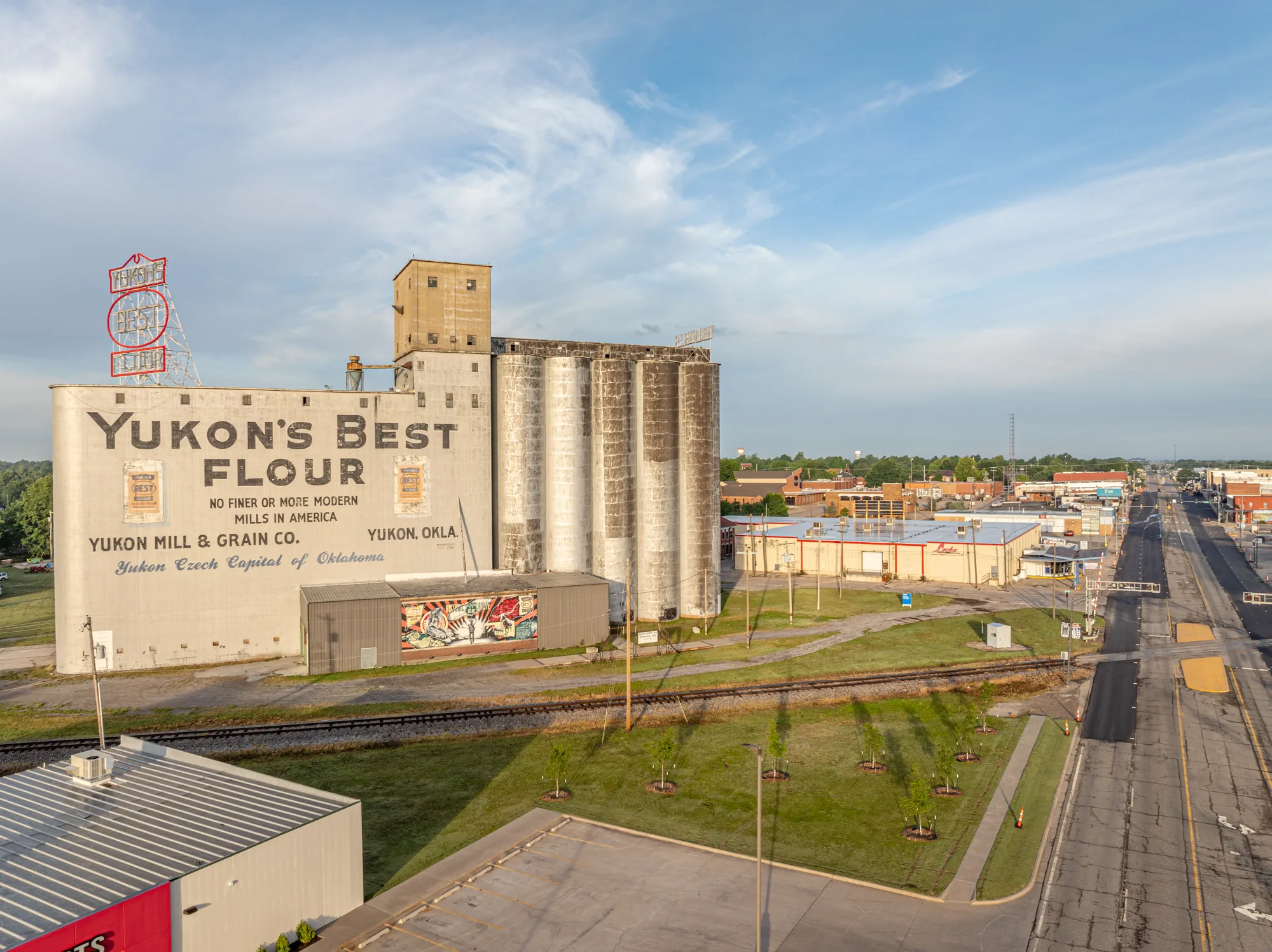 Aerial view of the historic flour mill and Route 66 signage in downtown Yukon, Oklahoma