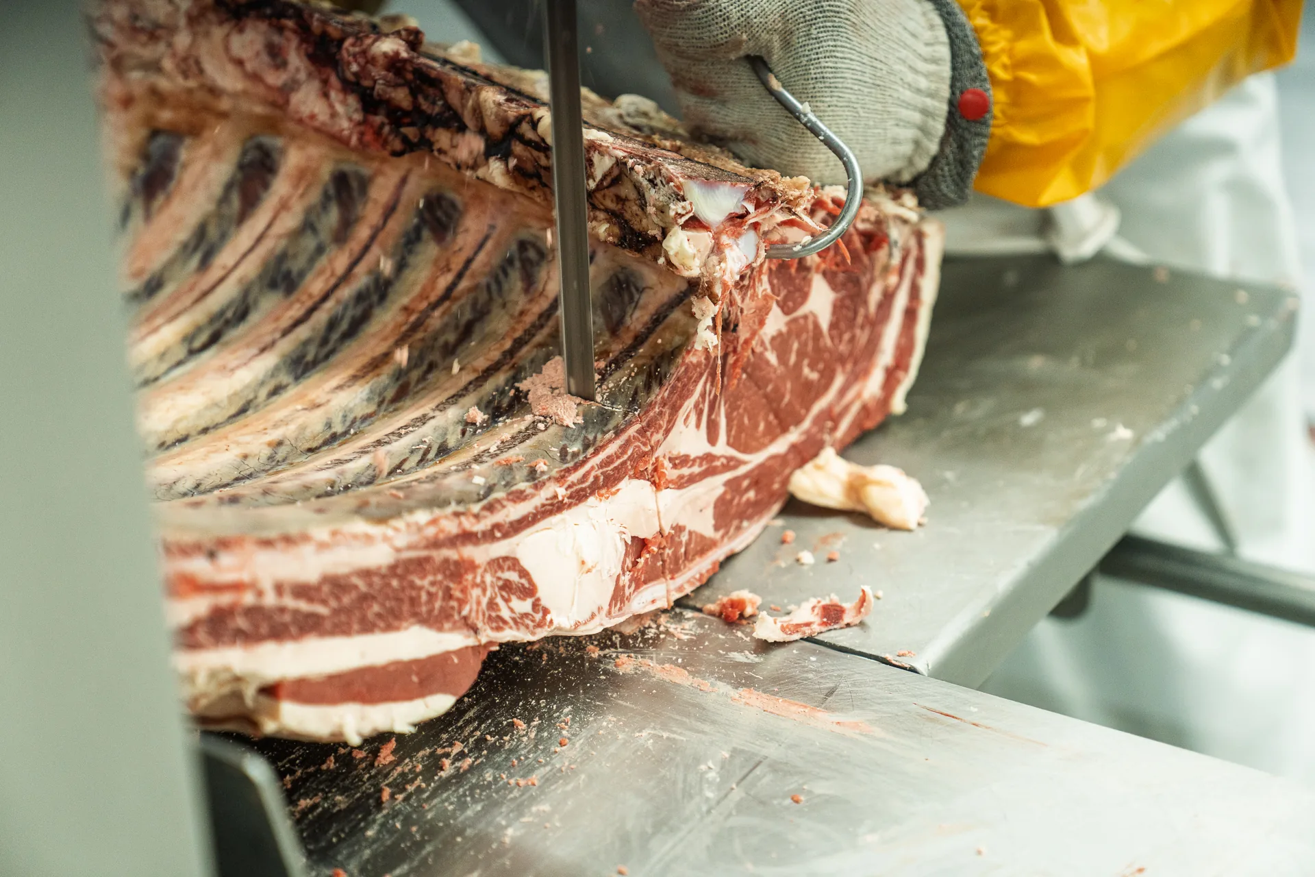 Band saw cutting bone-in beef at Hat Creek Butchery