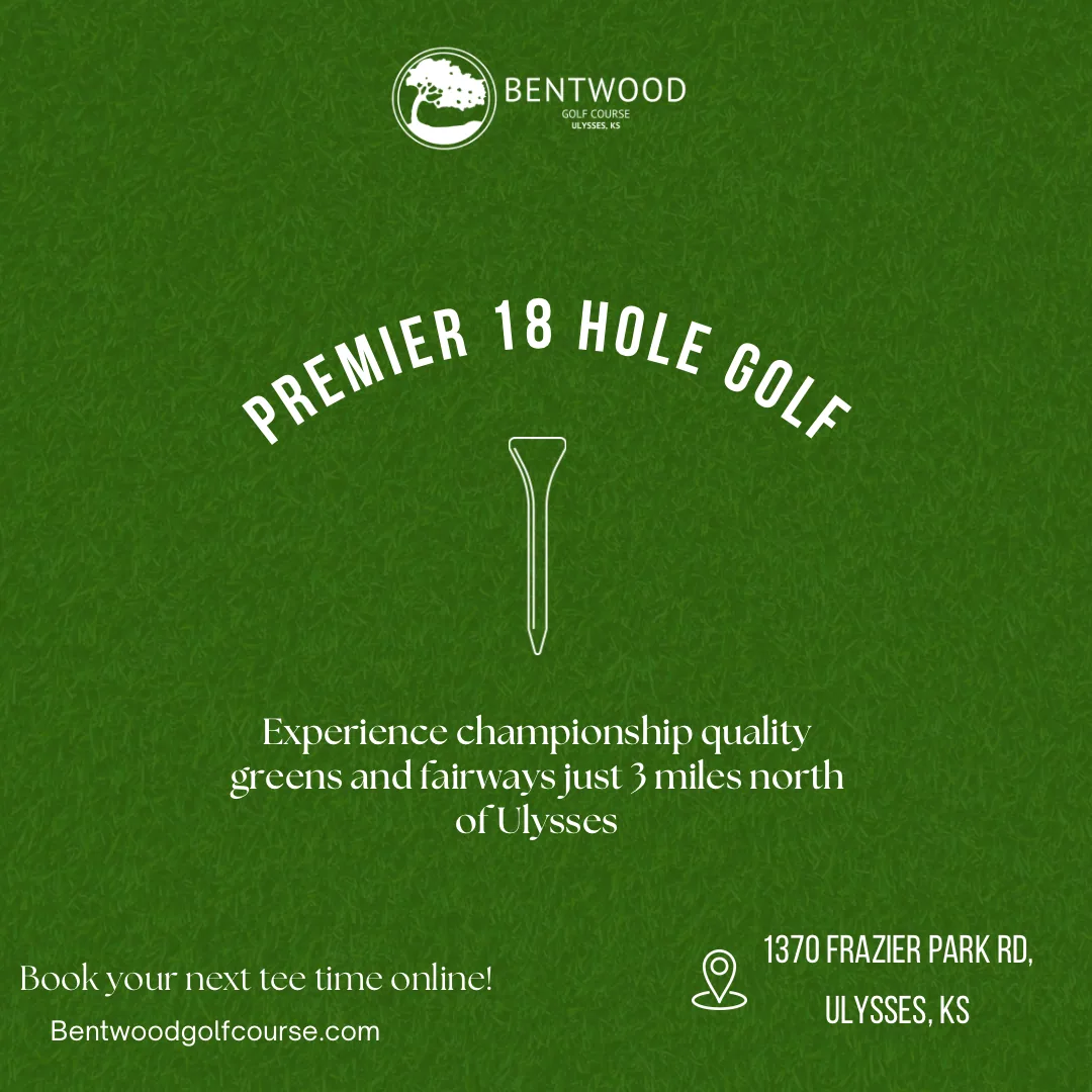 Bentwood Golf Course social graphic promoting premier 18 hole golf three miles north of Ulysses