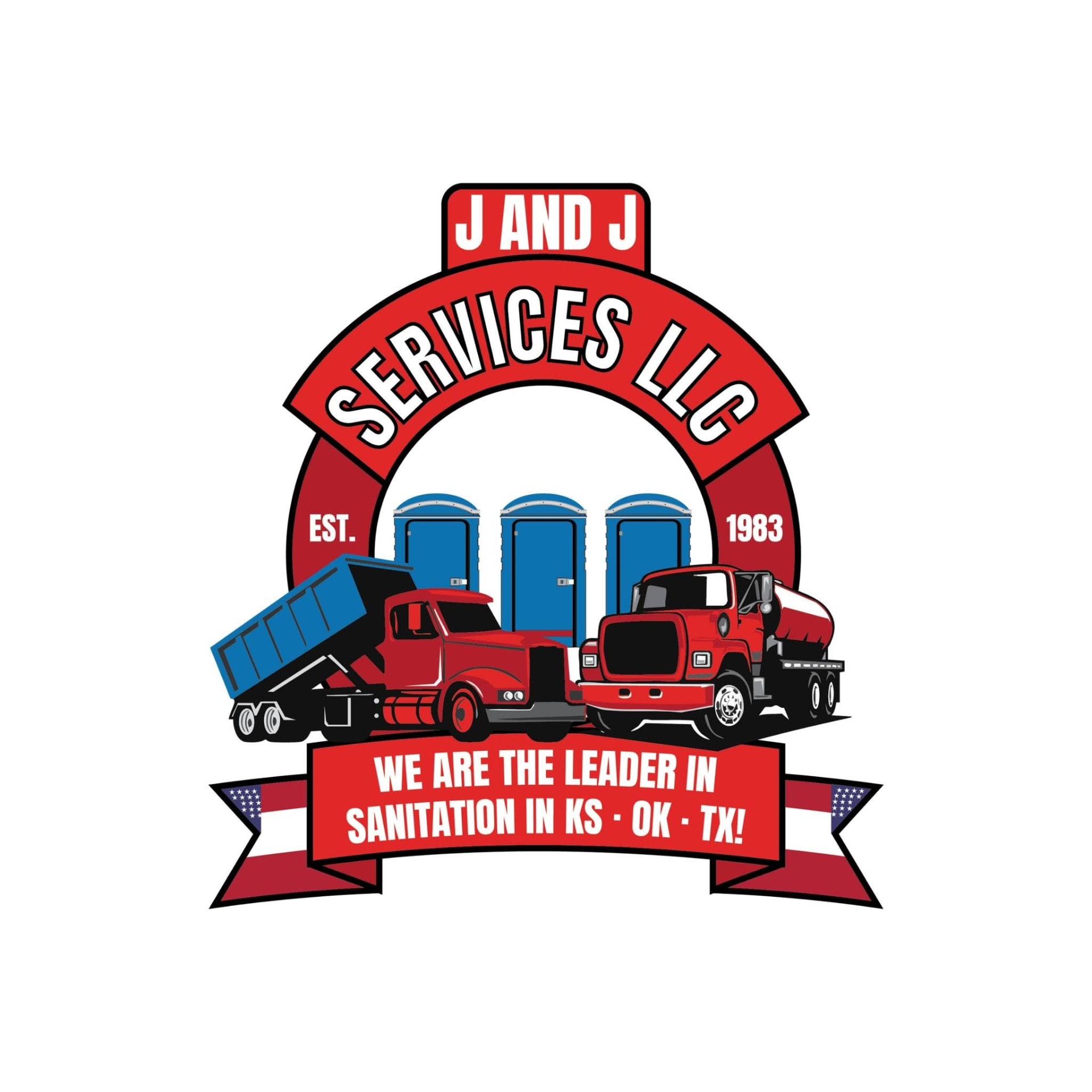 J and J Services LLC logo showing portable toilets, a dump truck and a vacuum truck inside an EST. 1983 banner