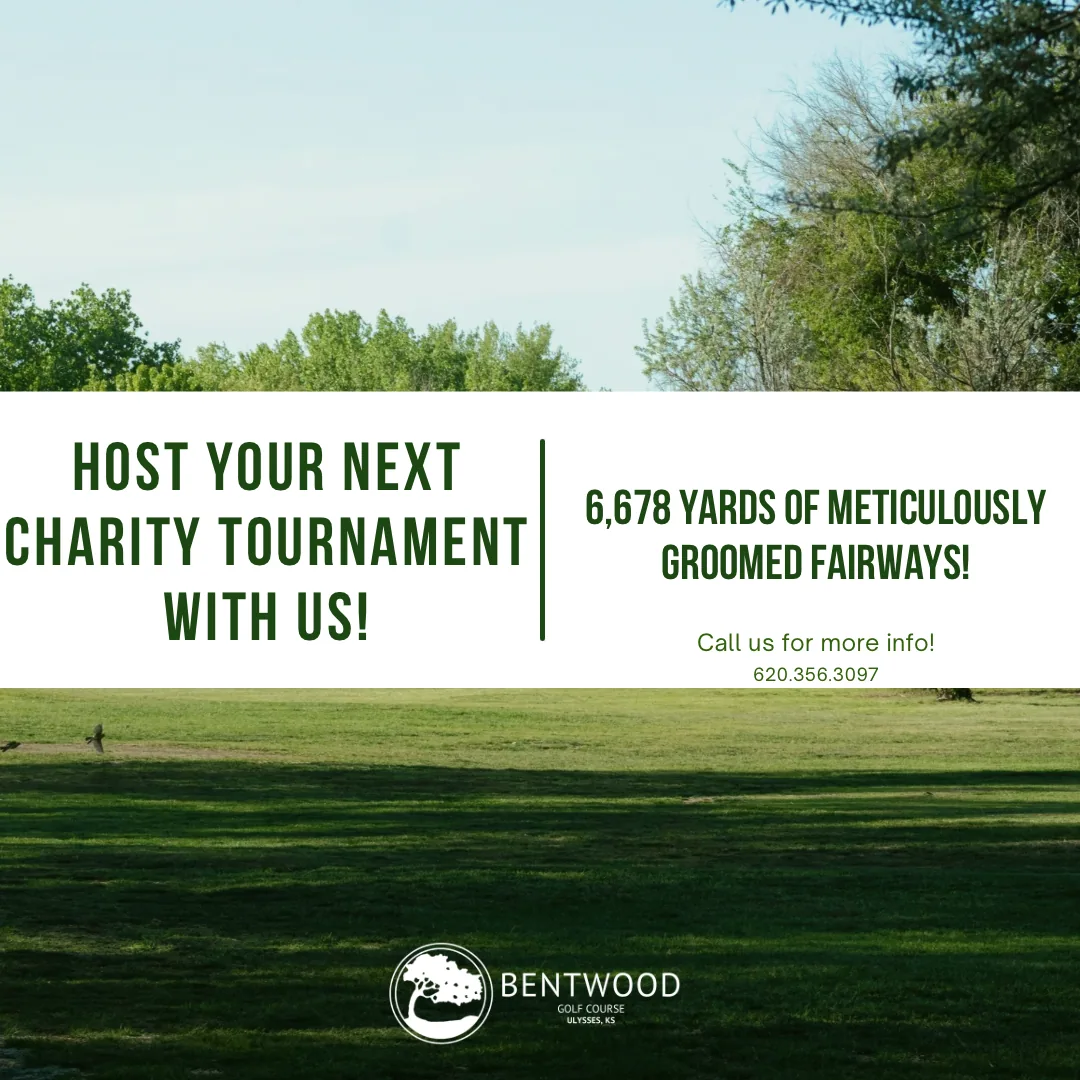 Bentwood Golf Course social graphic promoting charity tournaments on a 6,678 yard course
