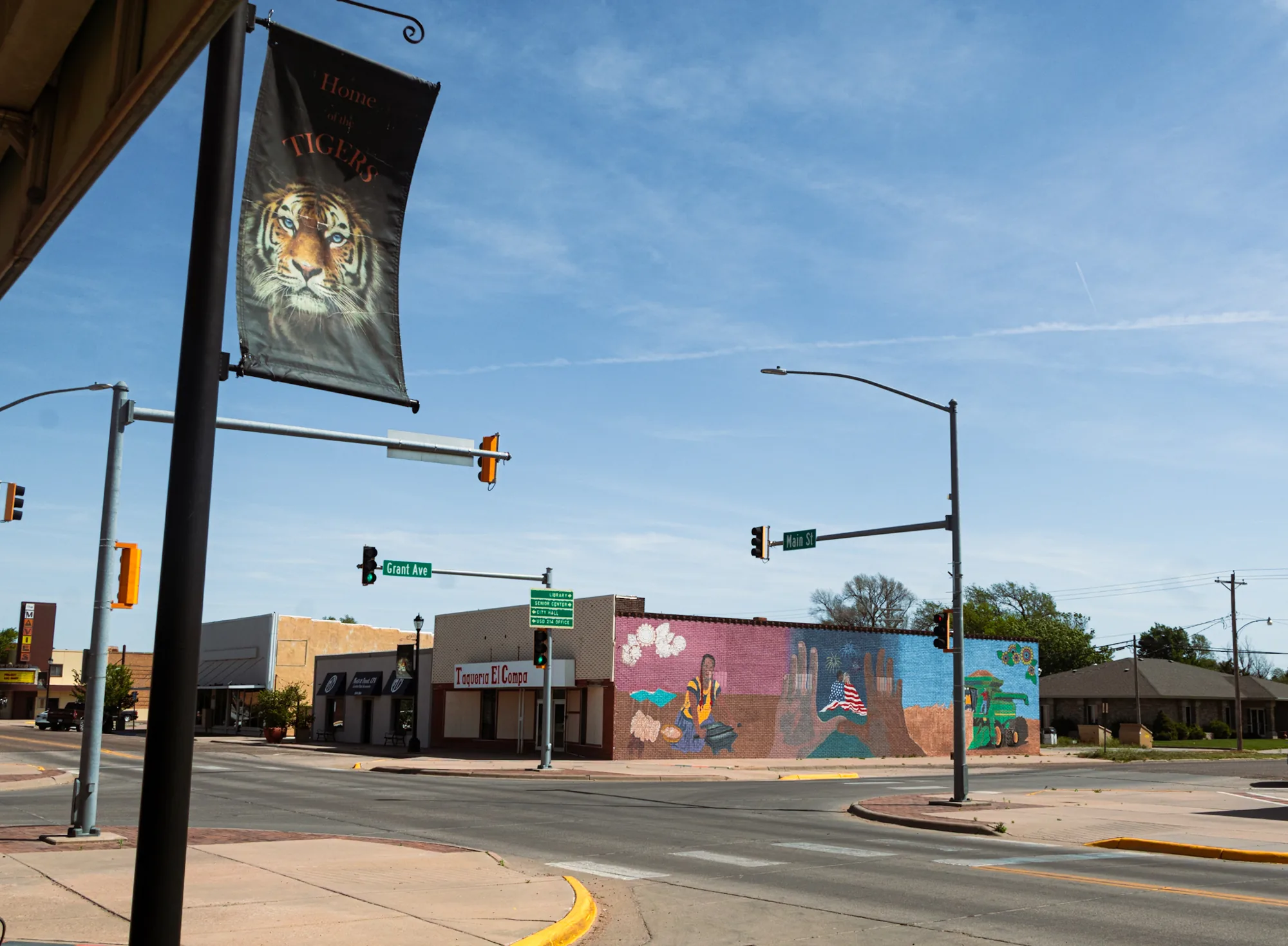 Street banner on a downtown light pole in Ulysses, Kansas