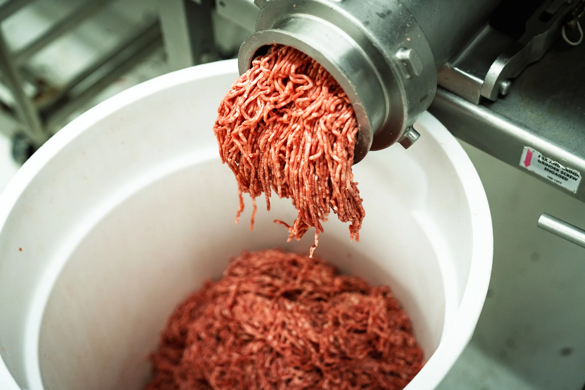 Ground beef coming off the grinder at Hat Creek Butchery