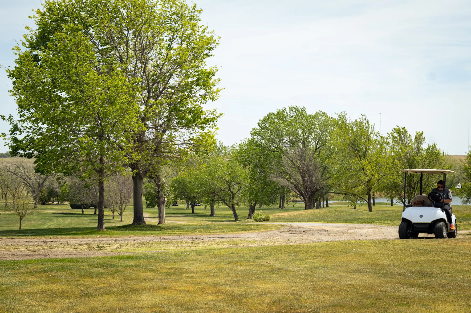 Wide view of Bentwood Golf Course near Ulysses, Kansas, with a cart path and cart