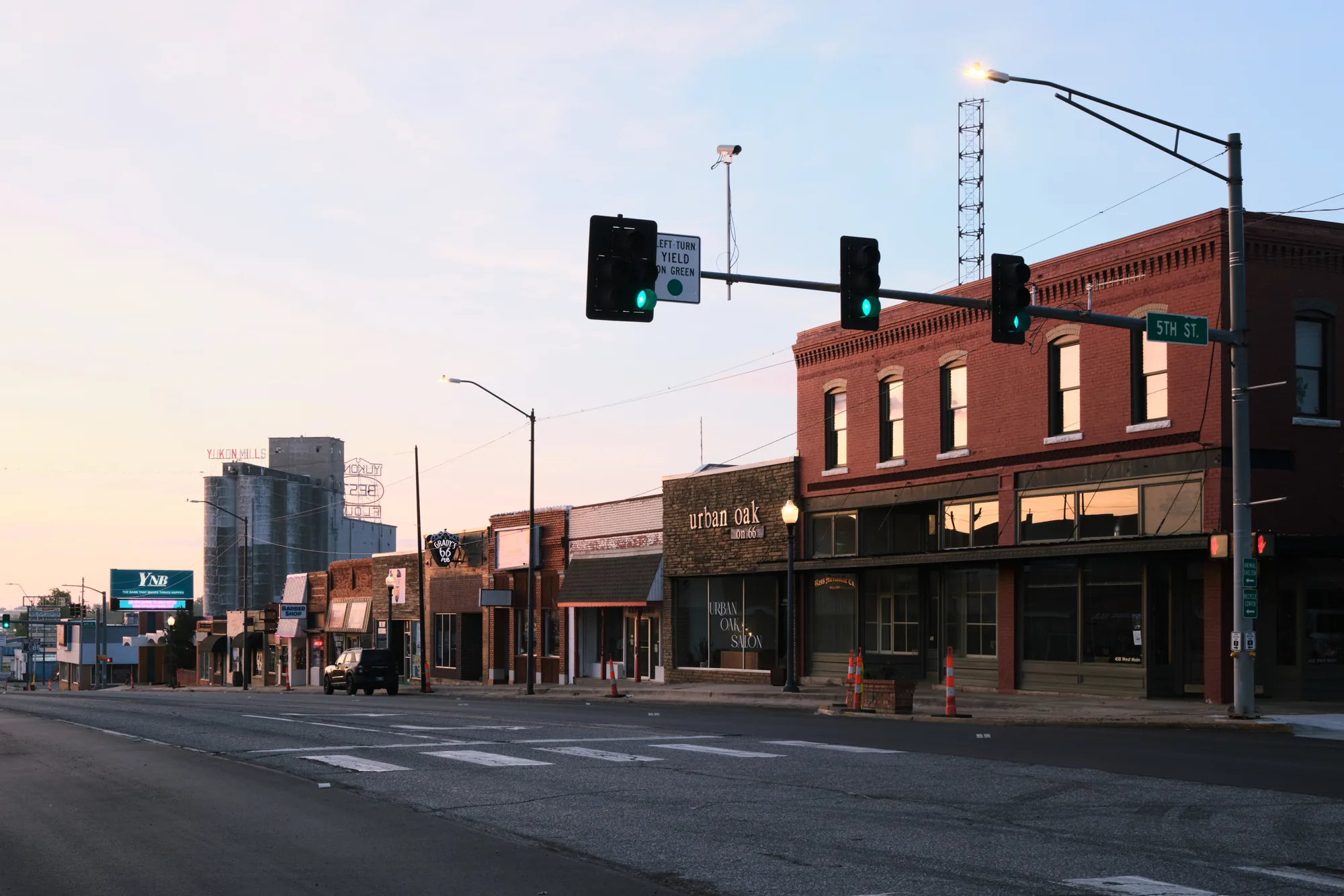 Main Street corner storefronts in downtown Yukon, Oklahoma
