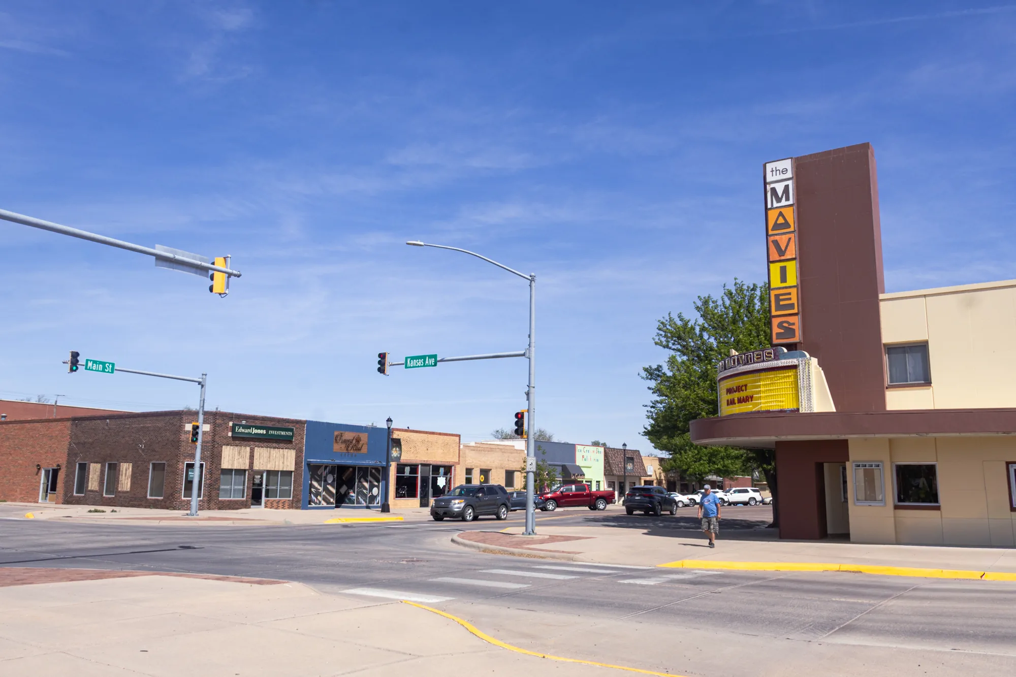 Downtown intersection and theater marquee in Ulysses, Kansas