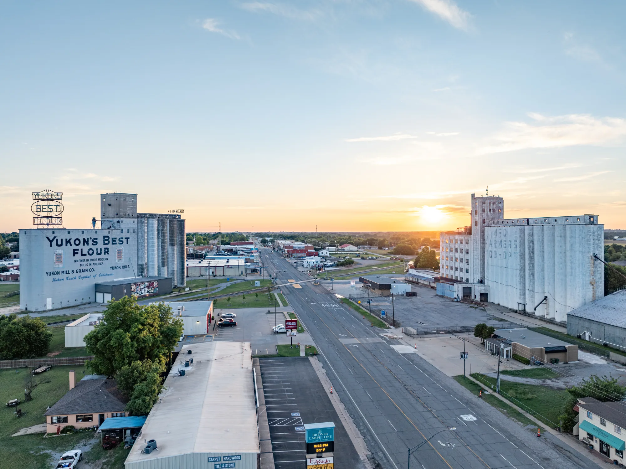 Aerial view of Yukon, Oklahoma Main Street at sunset
